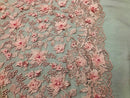 Pink 3D Floral Design Embroider With Pearls On A Mesh Lace Dresses-Prom-Nightgown By Yard