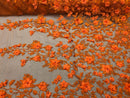 Flower 3D Fabric - Orange - Embroided Fabric Flower Pearls and Leaf Decor Sold by The Yard
