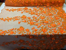 Flower 3D Fabric - Orange - Embroided Fabric Flower Pearls and Leaf Decor Sold by The Yard