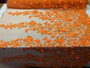 Flower 3D Fabric - Orange - Embroided Fabric Flower Pearls and Leaf Decor Sold by The Yard