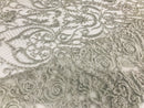 Glam Damask Beaded Fabric - Silver - Embroidered Elegant Fashion Fabric with Beads on Mesh
