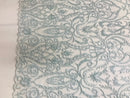 Glam Damask Beaded Fabric - Baby Blue - Embroidered Elegant Fashion Fabric with Beads on Mesh