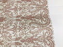 Glam Damask Beaded Fabric - Rose Gold - Embroidered Elegant Fashion Fabric with Beads on Mesh