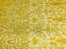 Glam Damask Beaded Fabric - Yellow - Embroidered Elegant Fashion Fabric with Beads on Mesh