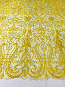 Glam Damask Beaded Fabric - Yellow - Embroidered Elegant Fashion Fabric with Beads on Mesh