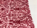 Glam Damask Beaded Fabric - Burgundy - Embroidered Elegant Fashion Fabric with Beads on Mesh