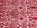 Glam Damask Beaded Fabric - Burgundy - Embroidered Elegant Fashion Fabric with Beads on Mesh