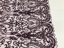 Glam Damask Beaded Fabric - Plum - Embroidered Elegant Fashion Fabric with Beads on Mesh