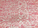 Glam Damask Beaded Fabric - Dusty Rose - Embroidered Elegant Fashion Fabric with Beads on Mesh