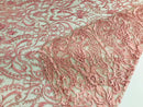 Glam Damask Beaded Fabric - Dusty Rose - Embroidered Elegant Fashion Fabric with Beads on Mesh