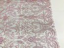 Glam Damask Beaded Fabric - Light Lilac - Embroidered Elegant Fashion Fabric with Beads on Mesh