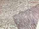 Glam Damask Beaded Fabric - Light Lilac - Embroidered Elegant Fashion Fabric with Beads on Mesh