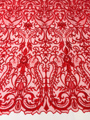 Glam Damask Beaded Fabric - Red - Embroidered Elegant Fashion Fabric with Beads on Mesh