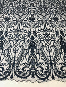 Glam Damask Beaded Fabric - Navy Blue - Embroidered Elegant Fashion Fabric with Beads on Mesh
