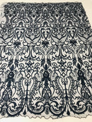 Glam Damask Beaded Fabric - Navy Blue - Embroidered Elegant Fashion Fabric with Beads on Mesh