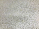 Glam Damask Beaded Fabric - Ivory - Embroidered Elegant Fashion Fabric with Beads on Mesh