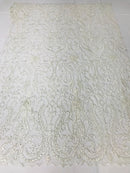Glam Damask Beaded Fabric - Ivory - Embroidered Elegant Fashion Fabric with Beads on Mesh