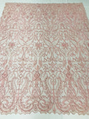 Glam Damask Beaded Fabric - Pink - Embroidered Elegant Fashion Fabric with Beads on Mesh