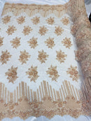Beaded Fabric - Blush Peach - Hand Embroidery Lace Bridal Floral Mesh Dress Fabric By Yard