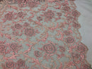 Beaded Floral - PINK - Luxury Wedding Bridal Embroidery Lace Fabric Sold By The Yard