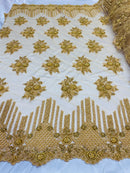 Beaded Fabric - Gold - Hand Embroidery Lace Bridal Floral Mesh Dress Fabric By Yard