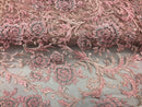 Beaded Floral - PINK - Luxury Wedding Bridal Embroidery Lace Fabric Sold By The Yard