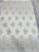 Beaded Fabric - White - Hand Embroidery Lace Bridal Floral Mesh Dress Fabric By Yard
