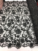 Beaded Floral - BLACK - Luxury Wedding Bridal Embroidery Lace Fabric Sold By The Yard