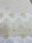 Beaded Fabric - Ivory - Hand Embroidery Lace Bridal Floral Mesh Dress Fabric By Yard