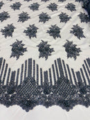 Beaded Fabric - Charcoal - Hand Embroidery Lace Bridal Floral Mesh Dress Fabric By Yard