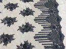 Beaded Fabric - Charcoal - Hand Embroidery Lace Bridal Floral Mesh Dress Fabric By Yard