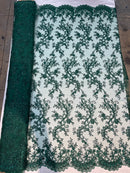Lace Sequins Fabric - Hunter Green - Corded Flower Embroidery Design Mesh Fabric By The Yard
