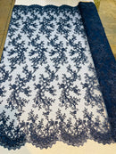 Lace Sequins Fabric - Navy Blue - Corded Flower Embroidery Design Mesh Fabric By The Yard