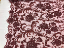 Beaded Floral - BURGUNDY - Luxury Wedding Bridal Embroidery Lace Fabric Sold By The Yard