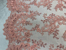 Lace Sequins Fabric - Coral - Corded Flower Embroidery Design Mesh Fabric By The Yard