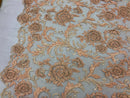 Beaded Floral - BLUSH PEACH - Luxury Wedding Bridal Embroidery Lace Fabric Sold By The Yard