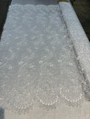 Lace Sequins Fabric - White - Corded Flower Embroidery Design Mesh Fabric By The Yard