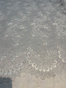 Lace Sequins Fabric - White - Corded Flower Embroidery Design Mesh Fabric By The Yard