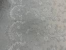 Lace Sequins Fabric - White - Corded Flower Embroidery Design Mesh Fabric By The Yard