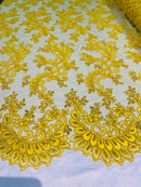 Lace Sequins Fabric - Yellow - Corded Flower Embroidery Design Mesh Fabric By The Yard
