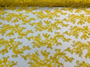 Lace Sequins Fabric - Yellow - Corded Flower Embroidery Design Mesh Fabric By The Yard