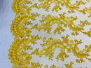 Lace Sequins Fabric - Yellow - Corded Flower Embroidery Design Mesh Fabric By The Yard