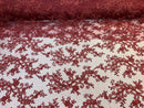 Lace Sequins Fabric - Burgundy - Corded Flower Embroidery Design Mesh Fabric By The Yard