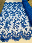 Lace Sequins Fabric - Royal Blue - Corded Flower Embroidery Design Mesh Fabric By The Yard
