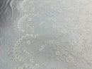 Lace Sequins Fabric - Ivory - Corded Flower Embroidery Design Mesh Fabric By The Yard