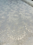 Lace Sequins Fabric - Ivory - Corded Flower Embroidery Design Mesh Fabric By The Yard