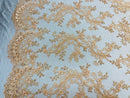 Lace Sequins Fabric - Light Peach - Corded Flower Embroidery Design Mesh Fabric By The Yard