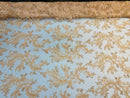 Lace Sequins Fabric - Light Peach - Corded Flower Embroidery Design Mesh Fabric By The Yard