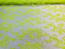 Lace Sequins Fabric - Neon Green - Corded Flower Embroidery Design Mesh Fabric By The Yard