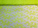 Lace Sequins Fabric - Neon Green - Corded Flower Embroidery Design Mesh Fabric By The Yard